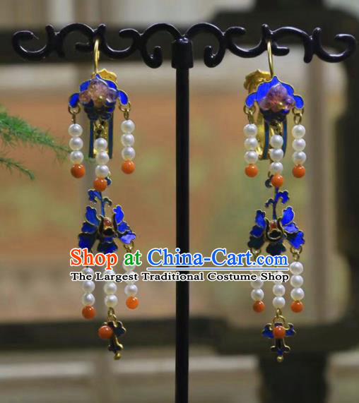 Chinese Blue Butterfly Earrings Ancient Qing Dynasty Pearls Tassel Ear Accessories Traditional Culture Jewelry