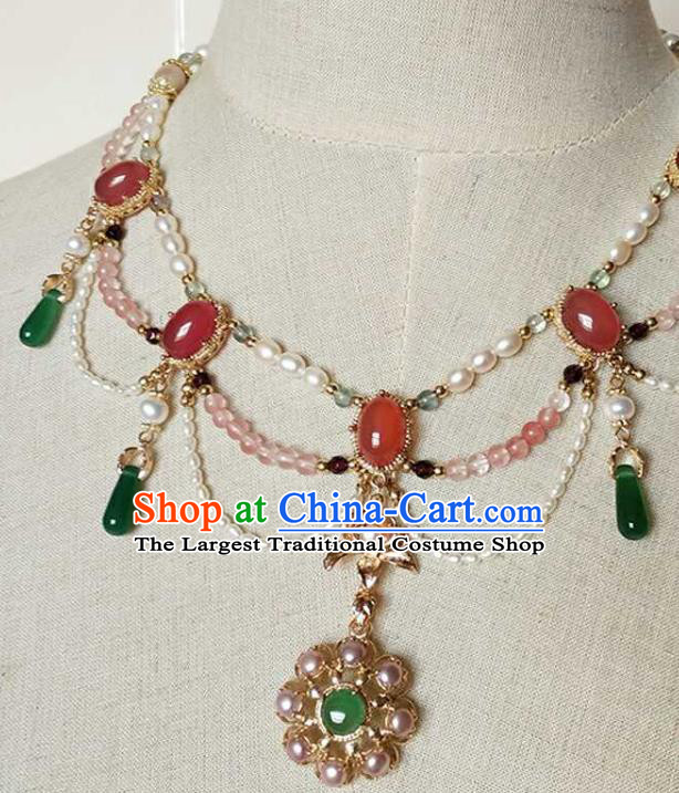 Chinese Traditional Hanfu Pearls Necklace Accessories Classical Ming Dynasty Princess Chrysoprase Necklet