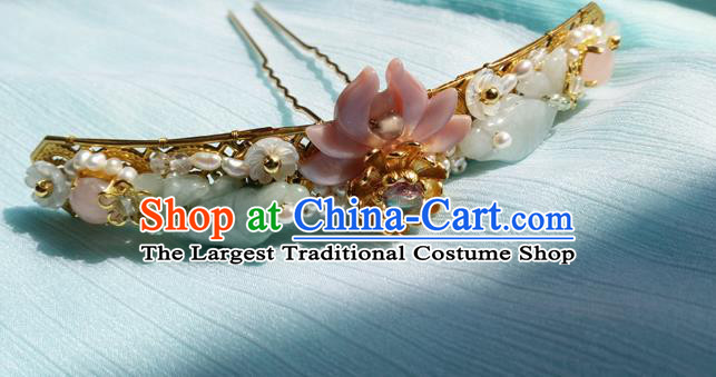 China Ancient Princess Pink Shell Lotus Hairpin Traditional Ming Dynasty Jade Pearls Hair Clip