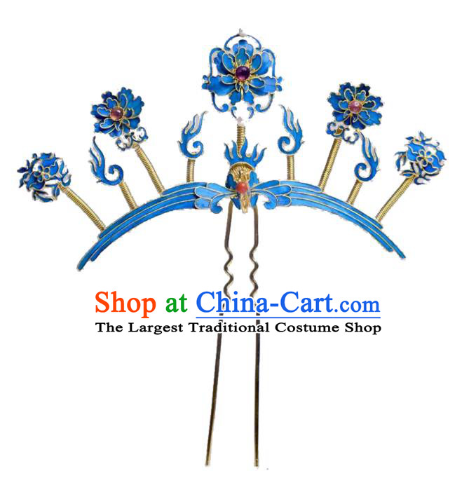 Chinese Traditional Qing Dynasty Cloisonne Peony Hair Jewelry Ancient Empress Tourmaline Hairpin