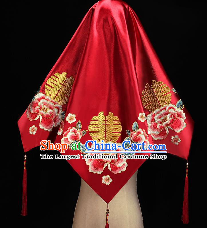 Chinese Embroidered Peony Red Satin Bridal Veil Accessories Traditional Wedding Headdress