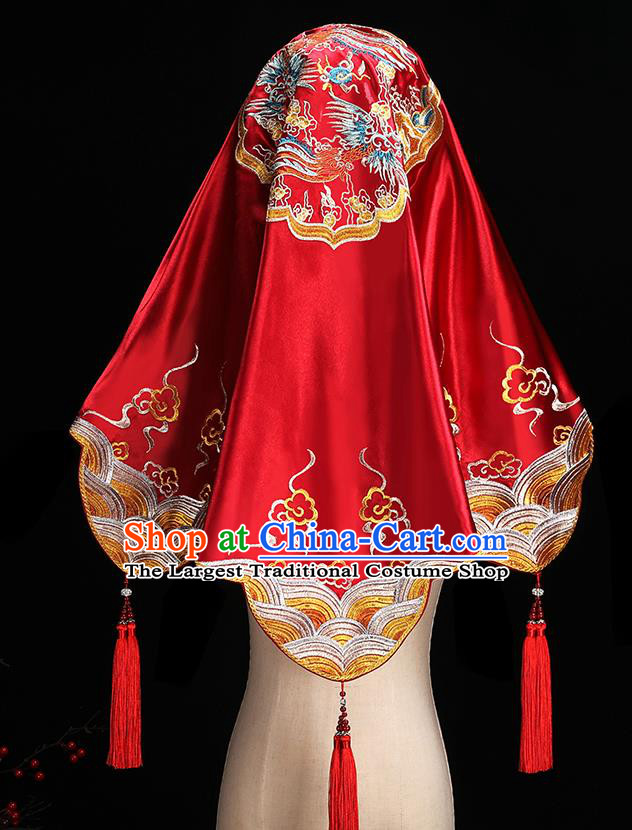 Chinese Embroidered Red Satin Bridal Veil Traditional Wedding Headdress Xiuhe Suit Accessories