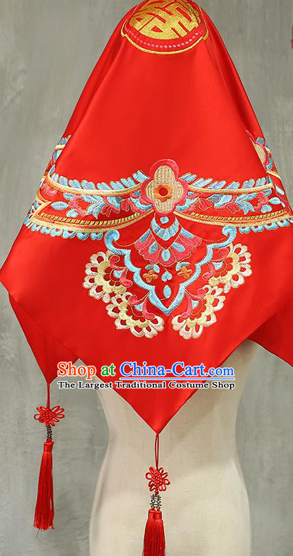 Chinese Traditional Wedding Headdress Xiuhe Suit Accessories Embroidered Red Satin Bridal Veil