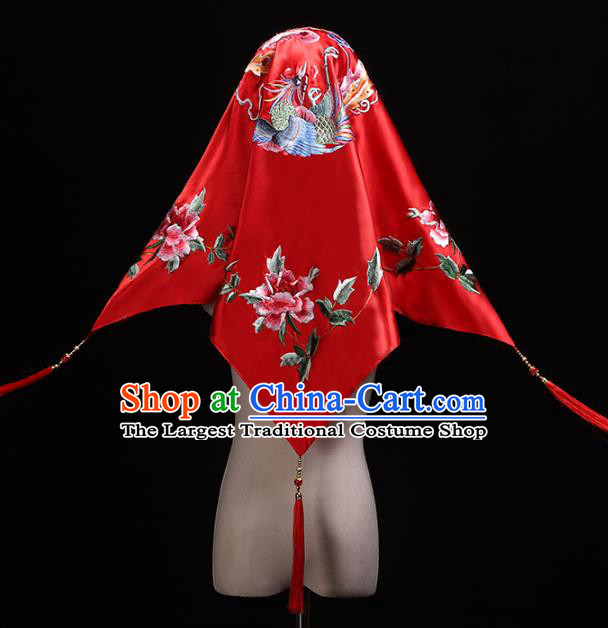 Chinese Embroidered Phoenix Peony Red Satin Bridal Veil Traditional Wedding Headdress Classical Xiuhe Suit Accessories