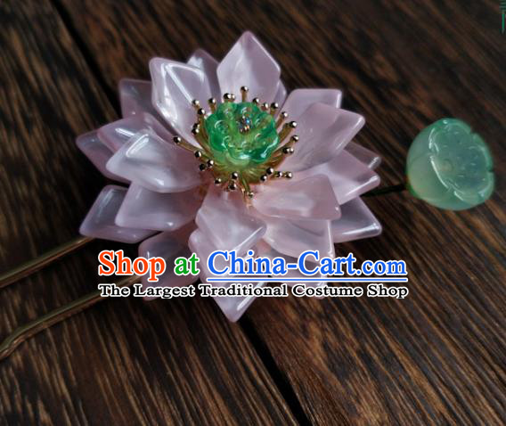 China Ancient Princess Coloured Glaze Hairpin Traditional Ming Dynasty Pink Lotus Hair Stick