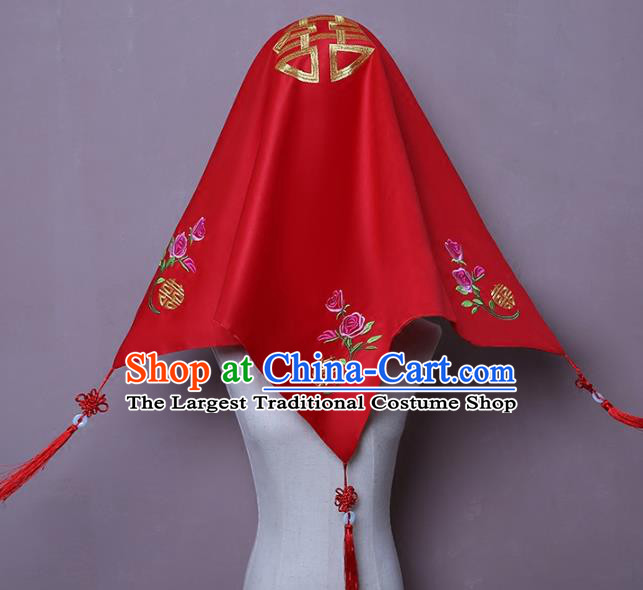 Chinese Embroidered Rose Bridal Veil Classical Xiuhe Suit Red Satin Accessories Traditional Wedding Headwear