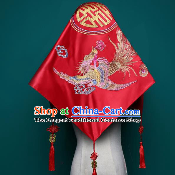 Chinese Traditional Xiuhe Suit Hair Accessories Classical Wedding Headdress Embroidered Phoenix Red Satin Bridal Veil