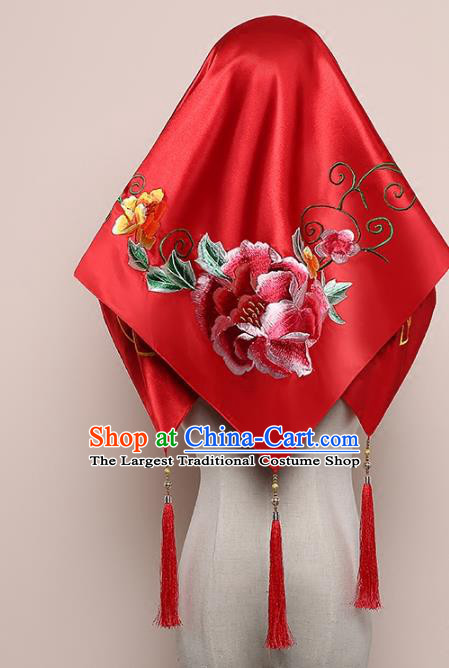 Chinese Traditional Embroidered Peony Bridal Veil Classical Wedding Headdress Red Satin Kerchief