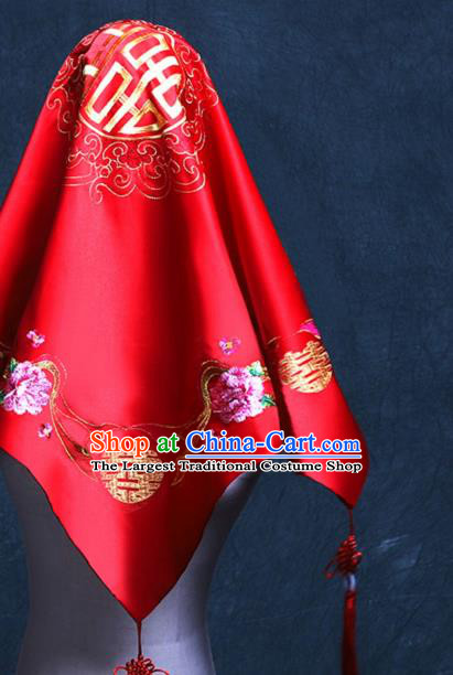 Chinese Wedding Red Satin Kerchief Traditional Embroidered Bridal Veil Classical Headdress