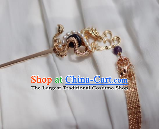 China Ancient Empress Amethyst Hairpin Traditional Ming Dynasty Golden Dragon Tassel Hair Stick