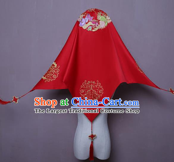 Chinese Traditional Xiuhe Suit Accessories Embroidered Phoenix Red Satin Bridal Veil Classical Wedding Headwear