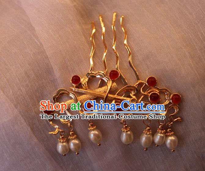 China Ancient Princess Golden Sword Hairpin Traditional Tang Dynasty Pearls Tassel Hair Comb