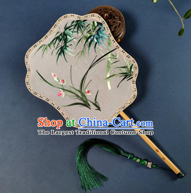 Chinese Classical Dance Silk Fan Traditional Hanfu Fan Handmade Embroidered Orchid Bamboo Palace Fan