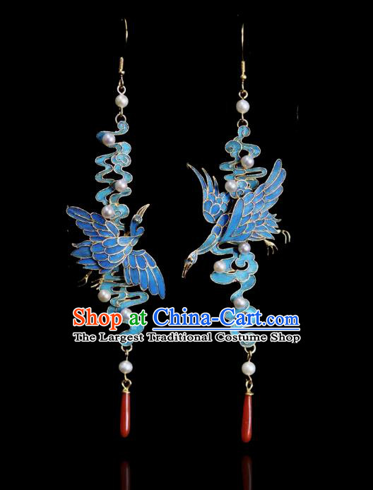 Chinese Ancient Qing Dynasty Court Pearls Ear Accessories Traditional Culture Jewelry Cloisonne Crane Earrings