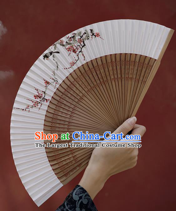 Chinese Hand Painting Plum Bird Folding Fan Traditional Paper Fan Sandalwood Accordion