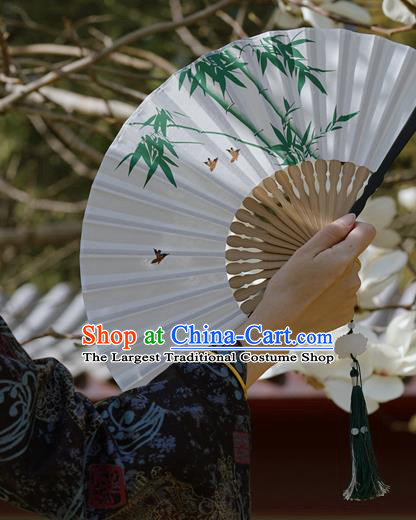 Chinese Traditional White Cloth Accordion Fan Handmade Painting Bamboo Folding Fan