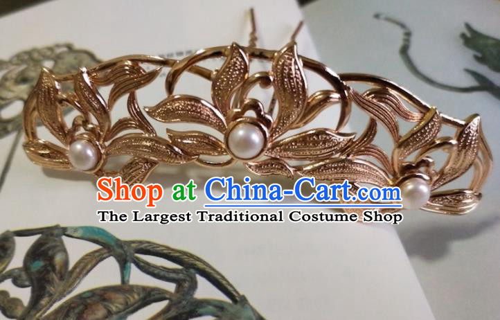 China Ancient Queen Hairpin Traditional Ming Dynasty Golden Orchids Hair Crown