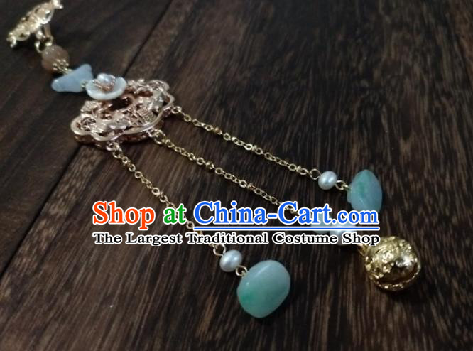 Chinese Traditional Hanfu Golden Lotus Brooch Accessories Classical Jade Tassel Pendant