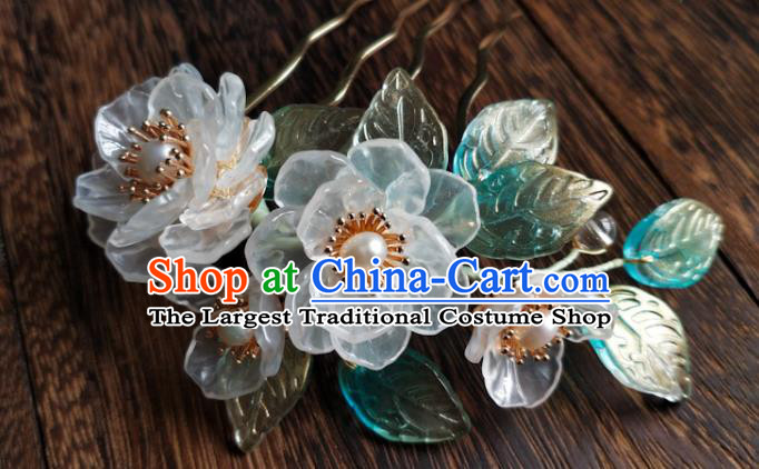 China Ancient Princess Pearls Flowers Hairpin Traditional Ming Dynasty White Gardenia Hair Comb