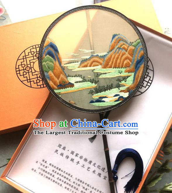 Chinese Traditional Embroidered Landscape Palace Fan Classical Silk Fan Handmade Circular Fan