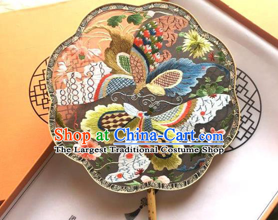 Chinese Handmade Embroidered Butterfly Palace Fan Traditional Song Dynasty Princess Fan Classical Black Silk Fan