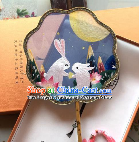 Chinese Handmade Embroidered Moon Rabbit Palace Fan Traditional Hanfu Fan Classical Blue Silk Fan