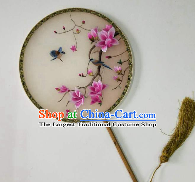 Chinese Handmade Silk Fan Traditional Circular Fan Suzhou Embroidered Mangnolia Palace Fan