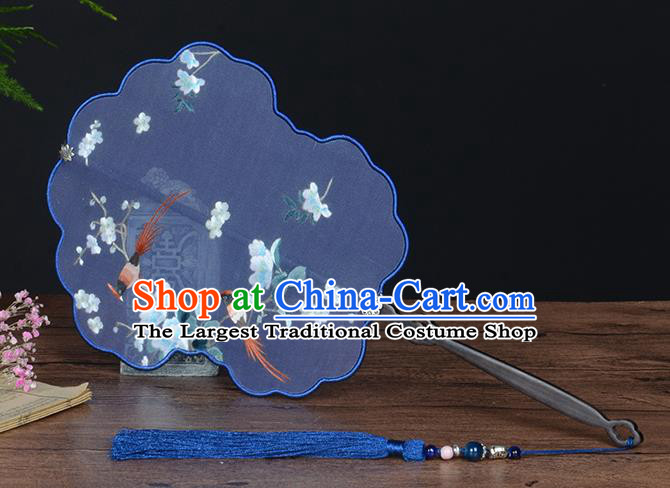 Chinese Handmade Deep Blue Silk Fan Traditional Wedding Palace Fan Embroidered Plum Blossom Fan