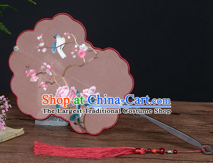 Chinese Embroidered Flowers Bird Fan Handmade Pink Silk Fan Traditional Wedding Palace Fan