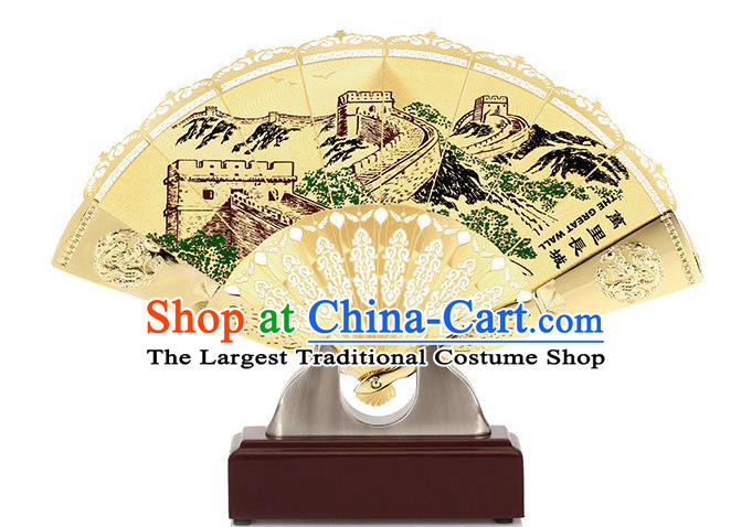 Chinese Handmade Brass Fan Traditional Folding Fan Printing The Great Wall Accordion Decoration