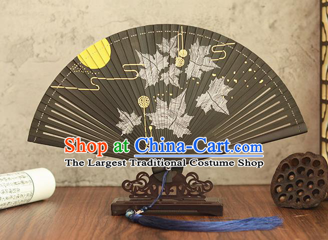 Chinese Handmade Black Bamboo Fan Traditional Folding Fan Printing Maple Leaf Accordion