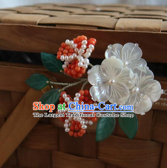 China Handmade Hanfu Shell Plum Blossom Hairpin Traditional Ancient Ming Dynasty Red Beads Hair Stick