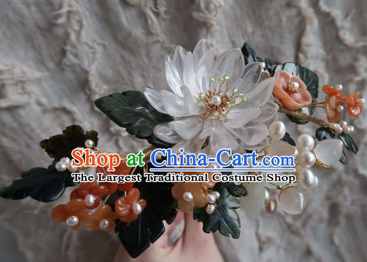 China Handmade Hanfu White Epiphyllum Hairpin Traditional Ancient Ming Dynasty Agate Plum Hair Stick