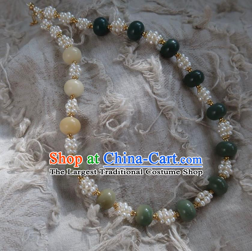 Handmade Chinese Ming Dynasty Pearls Necklet Accessories Traditional Hanfu Jade Beads Necklace