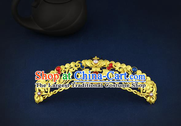 China Handmade Ming Dynasty Empress Golden Hairpin Traditional Ancient Queen Gems Hair Crown