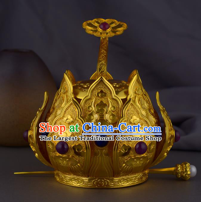 China Ancient Taoist Gems Headwear Handmade Traditional Ming Dynasty Priest Golden Lotus Hair Crown