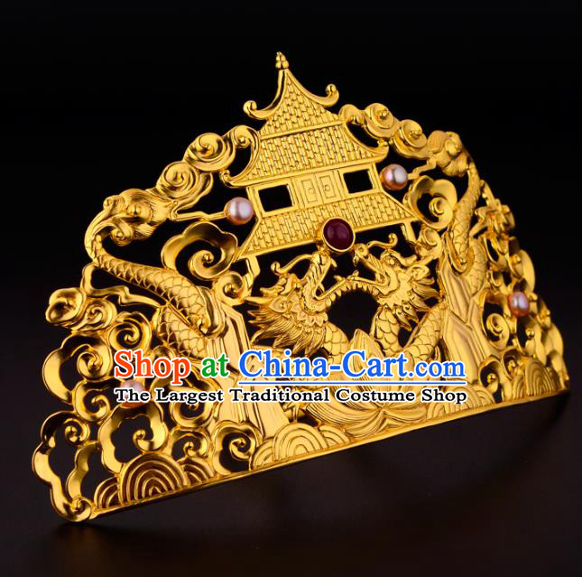 China Ancient Empress Golden Dragon Hairpin Handmade Traditional Ming Dynasty Court Gems Hair Crown