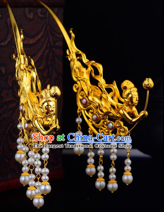 China Ancient Court Woman Pearls Tassel Hairpin Handmade Traditional Tang Dynasty Empress Golden Goddess Hair Stick