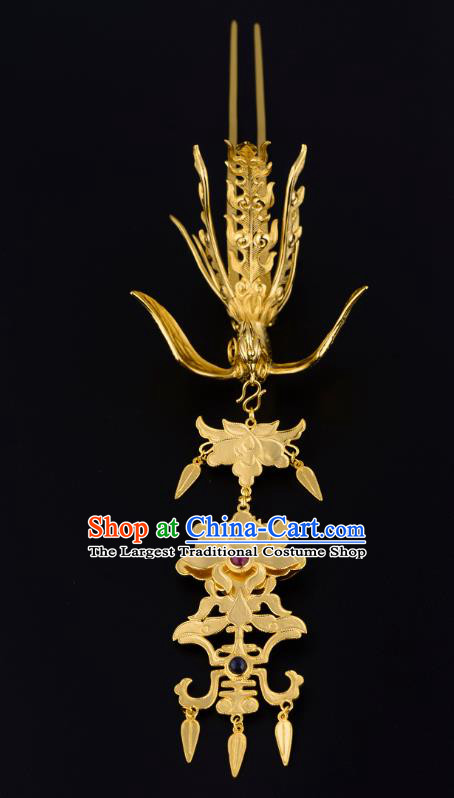 China Ancient Court Gems Hairpin Handmade Traditional Ming Dynasty Empress Golden Phoenix Hair Clip