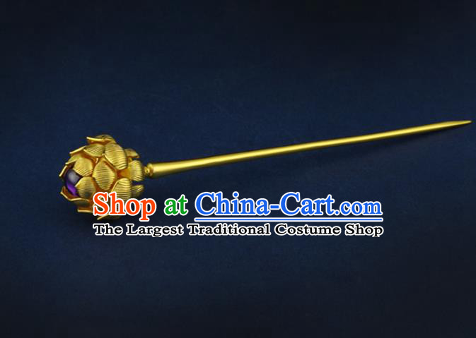 China Traditional Ancient Queen Golden Lotus Hair Stick Handmade Ming Dynasty Empress Amethyst Hairpin