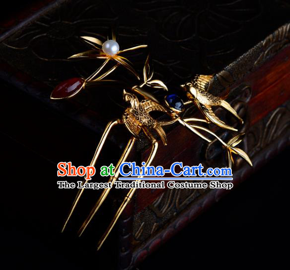 China Ancient Queen Golden Bamboo Hairpin Handmade Traditional Ming Dynasty Empress Gems Hair Comb