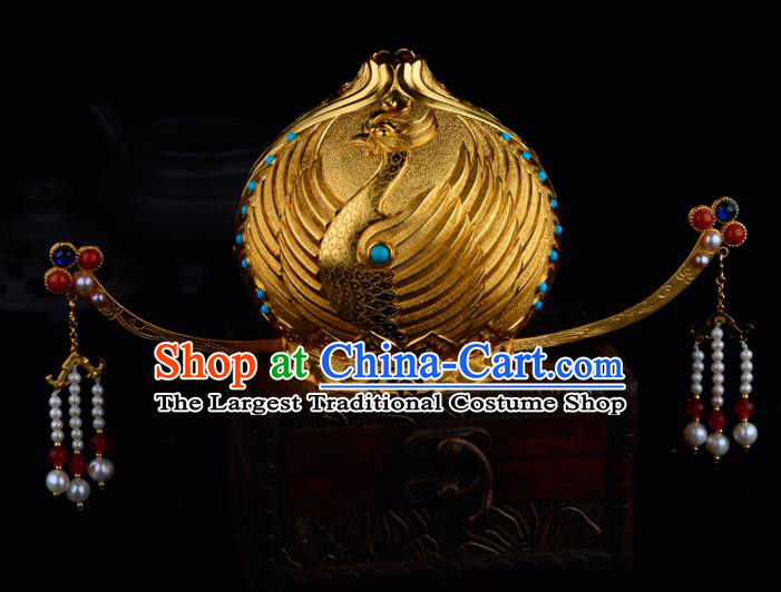 China Ancient Court Beauty Phoenix Coronet Handmade Traditional Tang Dynasty Palace Princess Golden Hair Crown