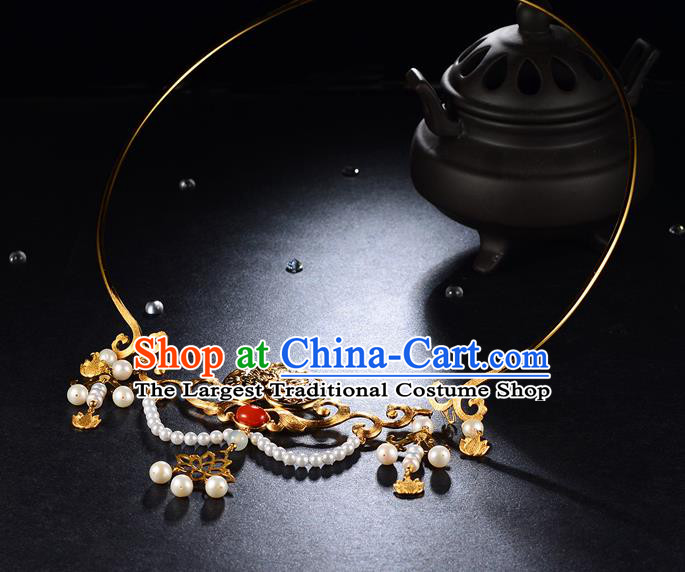 Chinese Ancient Palace Lady Pearls Necklace Traditional Ming Dynasty Golden Peach Necklet Jewelry