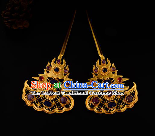 China Ancient Empress Gems Hairpin Handmade Traditional Ming Dynasty Golden Hair Stick