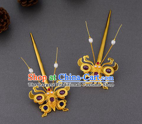 China Ancient Court Lady Ruby Hairpin Handmade Traditional Ming Dynasty Empress Golden Butterfly Hair Stick