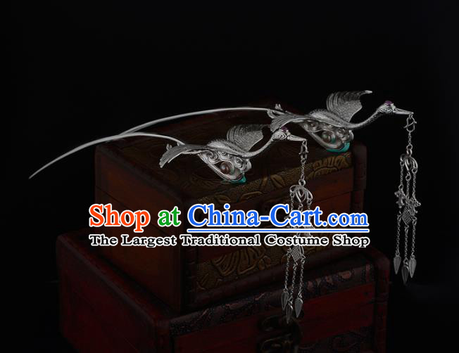 China Ancient Princess Hairpin Handmade Traditional Ming Dynasty Silver Crane Tassel Hair Stick