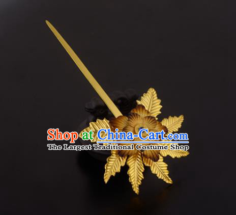 China Ancient Princess Golden Leaf Hairpin Handmade Traditional Ming Dynasty Palace Lady Hair Stick