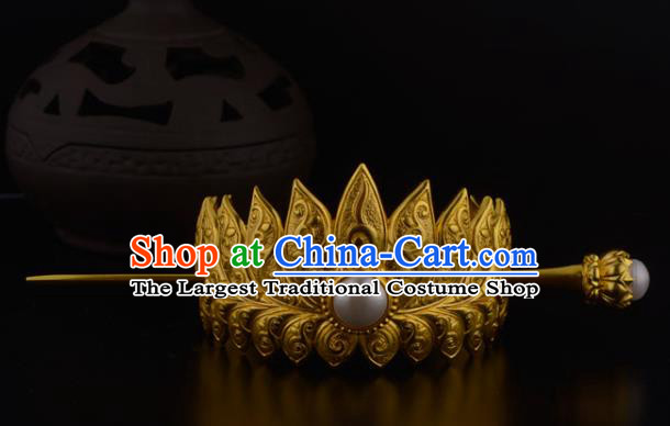 China Ancient Nobility Childe Hairpin Handmade Traditional Ming Dynasty Prince Golden Lotus Hairdo Crown