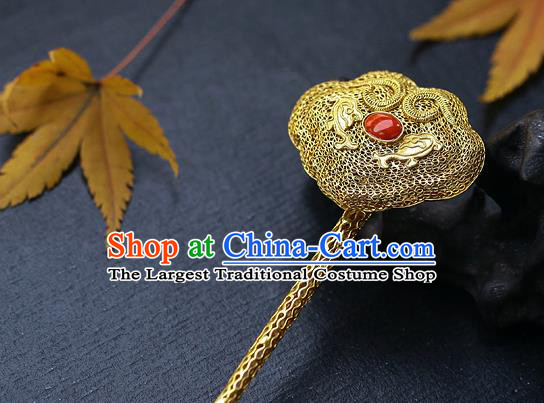 China Ancient Empress Filigree Hairpin Handmade Traditional Ming Dynasty Ruby Hair Stick