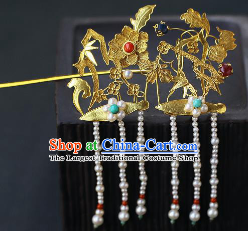 China Ancient Queen Filigree Hairpin Handmade Traditional Ming Dynasty Pearls Tassel Hair Stick